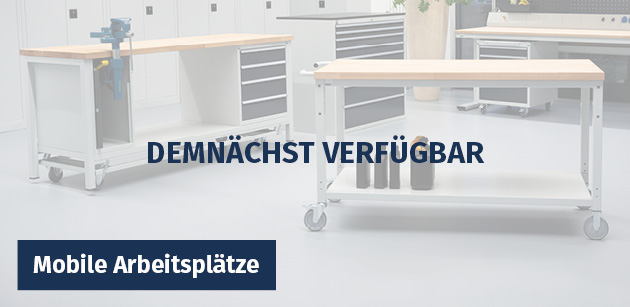 Mobile Arbeitsplätze mit höhenverstellbaren Arbeitstischen und Rollen; Hinweis „Demnächst verfügbar“.