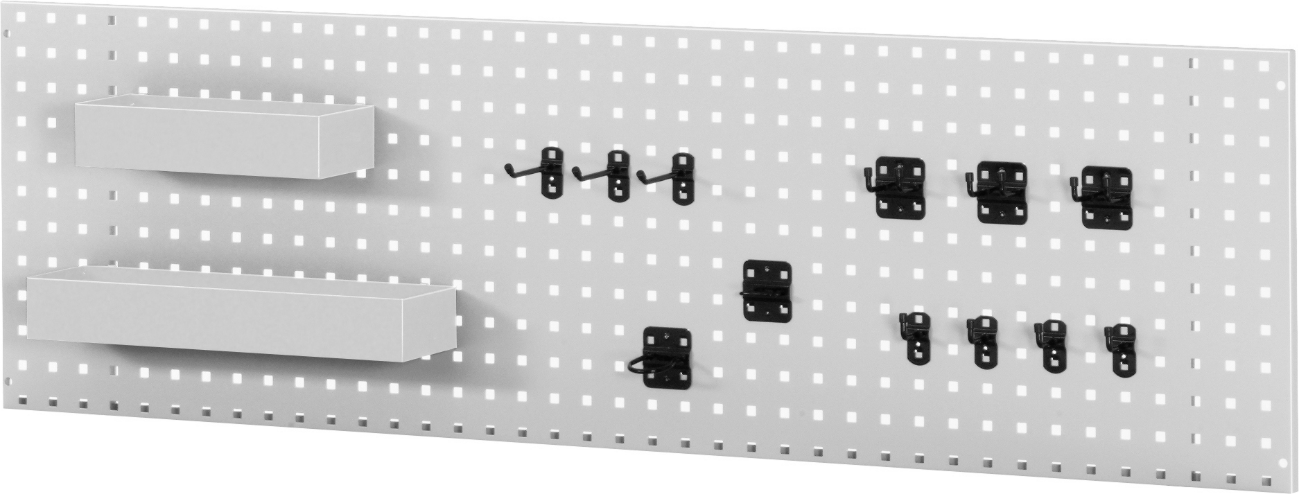 Lochplatte für Wandmontage inkl. Hakenset und Ablagekasten