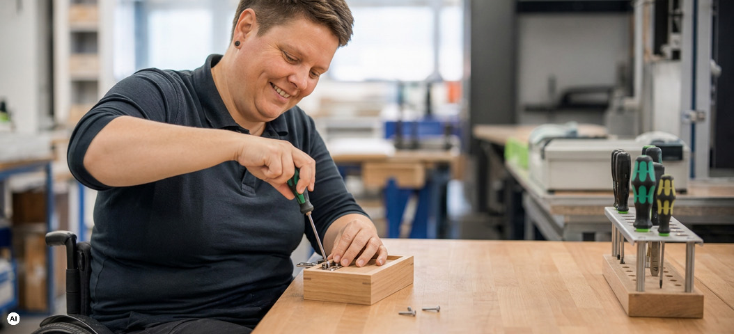 Mitarbeiterin im Rollstuhl montiert ein Werkstück an einem ergonomischen Arbeitsplatz