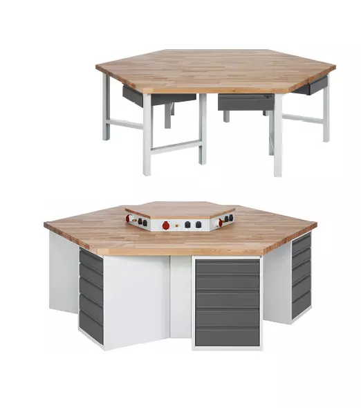 User Oben eine sechseckige Gruppenwerkbank mit Holzoberfläche und Metallbeinen, unten eine Gruppenwerkbank mit Schubladenschränken und Medienkanal mit Stromanschlüssen auf der Tischoberfläche.