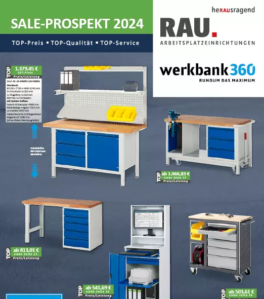 Titelseite des Sale-Prospekts 2024 von werkbank360 mit verschiedenen Arbeitsplatzeinrichtungen und Angeboten.