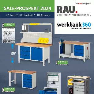 Titelseite des Sale-Prospekts 2024 von werkbank360 mit verschiedenen Arbeitsplatzeinrichtungen und Angeboten.