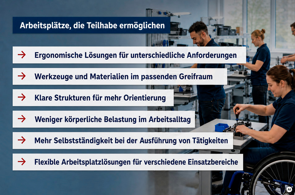 Grafik „Arbeitsplätze, die Teilhabe ermöglichen“ mit Vorteilen wie ergonomischen Lösungen, passenden Greifräumen, klaren Strukturen, geringerer körperlicher Belastung, mehr Selbstständigkeit und flexiblen Arbeitsplatzlösungen