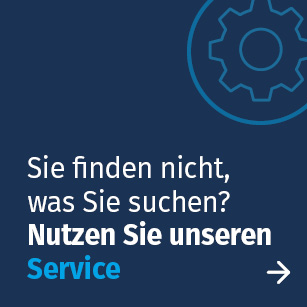 Informationsfeld mit der Aufforderung 'Sie haben Fragen? Nutzen Sie unseren Service' neben einem Zahnrad-Symbol, mit einem nach rechts weisenden Pfeil auf einem dunkelblauen Hintergrund.