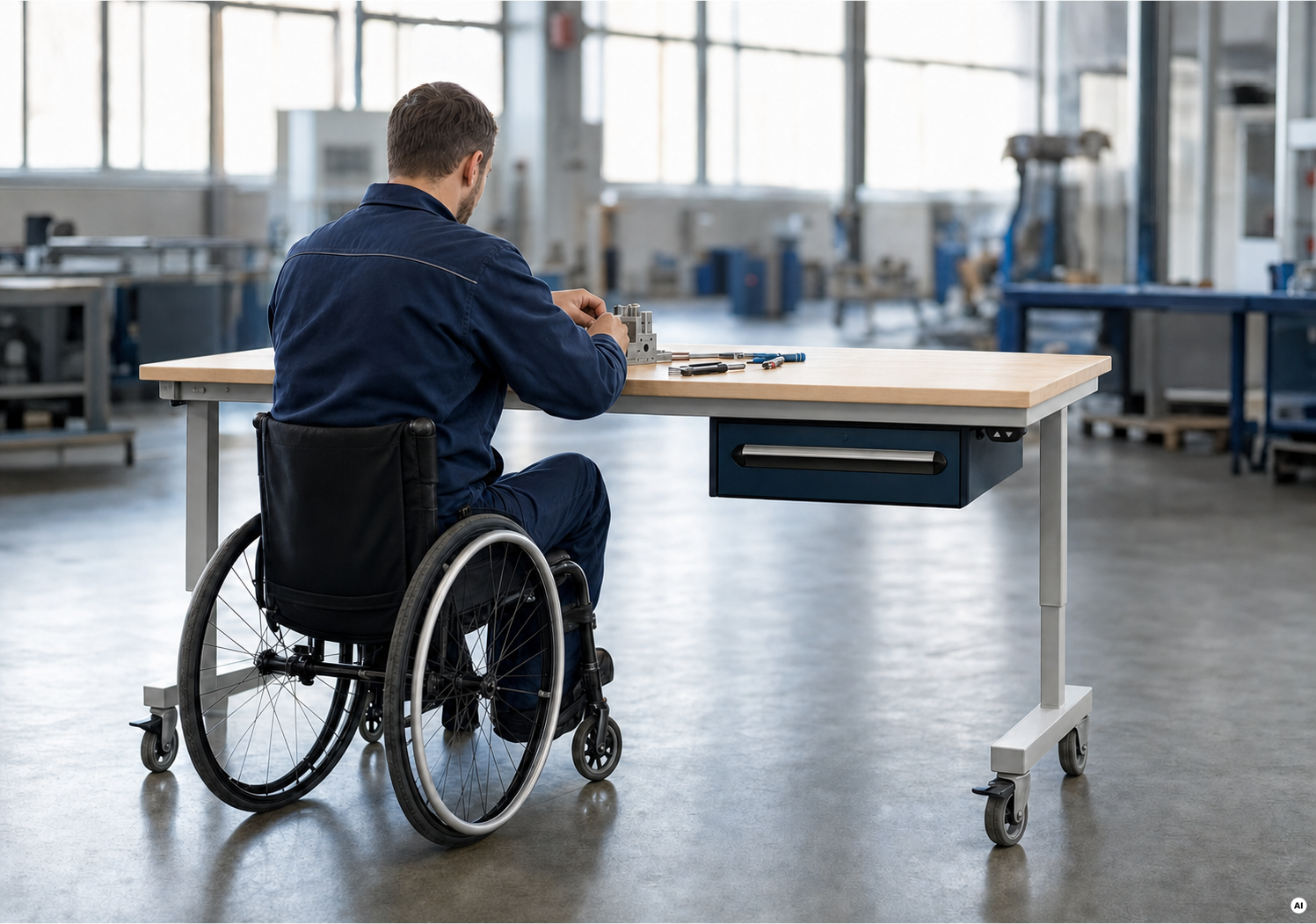 Rollstuhlfahrer arbeitet an einem höhenverstellbaren Arbeitstisch mit Bedienungselement und Schublade