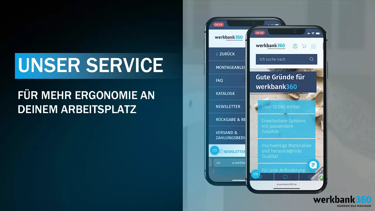 Thumbnail eines YouTube-Videos mit der Überschrift 'Unser Service für mehr Ergonomie an deinem Arbeitsplatz', neben zwei Smartphones, die eine Webseite mit ergonomischen Arbeitsplatzlösungen anzeigen.