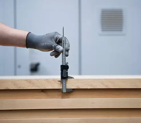 Hand mit Schutzhandschuh misst Arbeitsplatte aus Buche Massivholz mit einer digitalen Schieblehre in einer Werkstatt oder Produktionsumgebung.