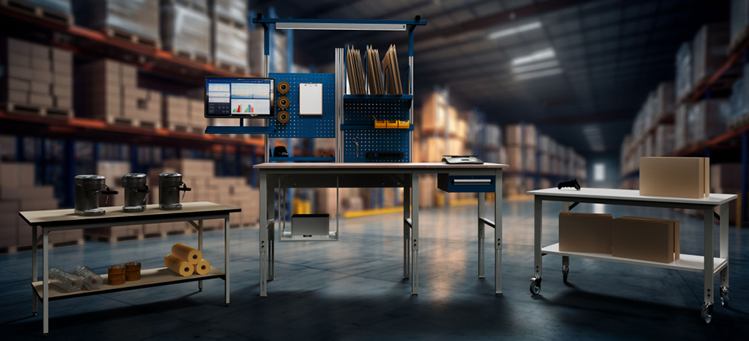 Verschiedene industrielle Arbeitsplätze in einer Lagerhalle, einschließlich eines Arbeitstisches mit Werkzeuglochwand und Sichtlagerkästen, einem Packtisch mit Kartons und einem Tisch mit Kaffeemaschinen.