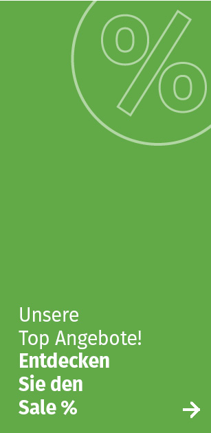 Grüne Fläche mit Prozentzeichen und dem Text „Unsere Top Angebote: Entdecken Sie den Sale %“ sowie einem Pfeil nach rechts.