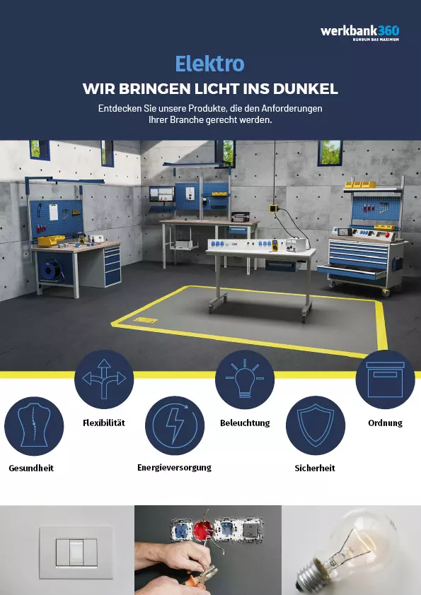 Branchen-Prospekt Elektro – maßgeschneiderte Arbeitsplatzlösungen für die Elektroindustrie mit Fokus auf Beleuchtung, Sicherheit und Energieversorgung.