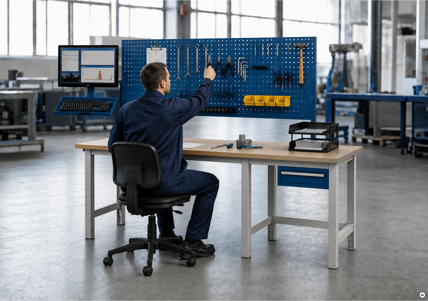 Mitarbeiter sitzt an einem ergonomischen Arbeitsplatz und greift nach einem Werkzeug an einer übersichtlich angeordneten Werkzeugwand